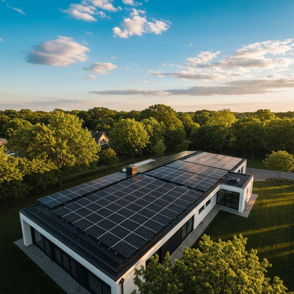 Solar panels on a modern home rooftop at golden hour