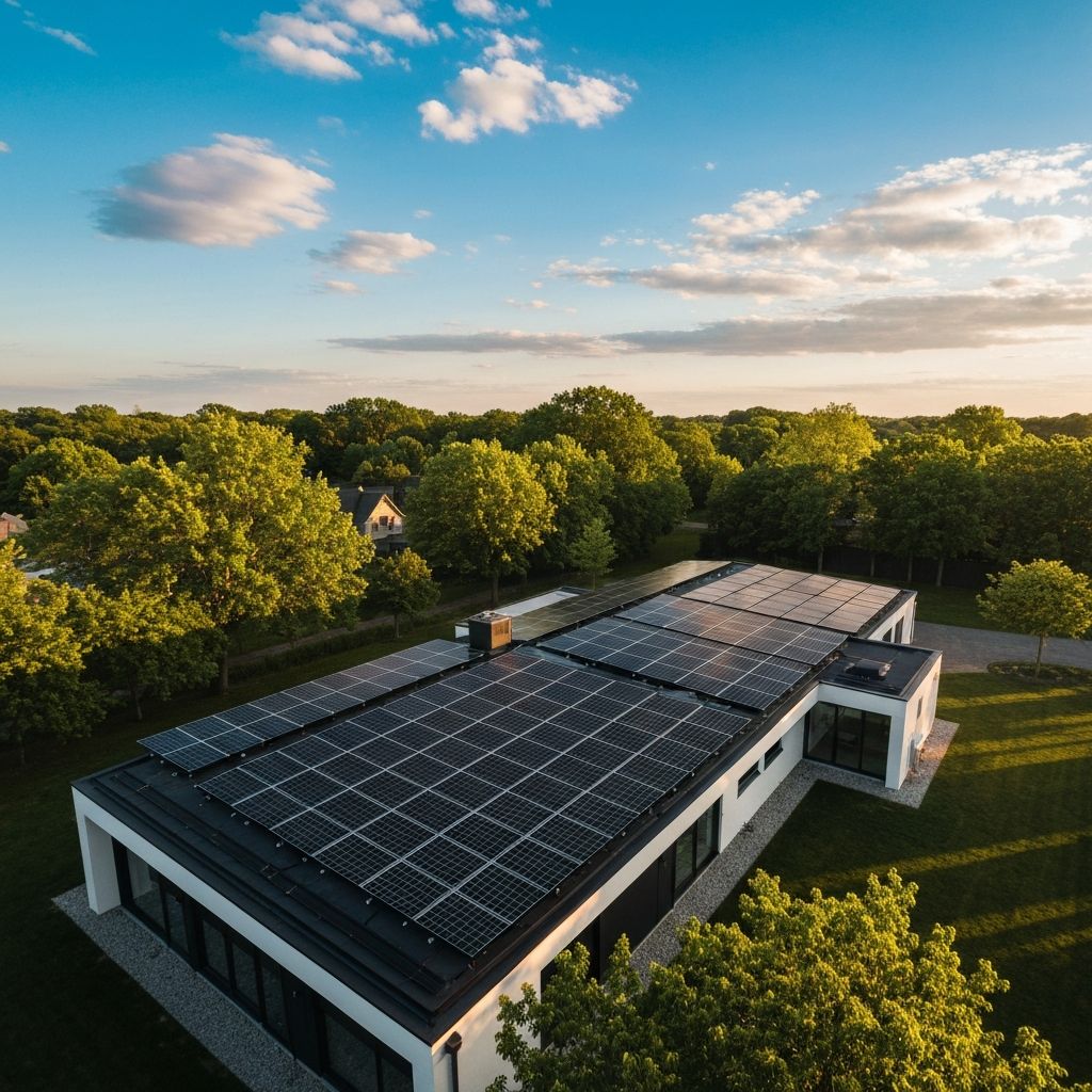Solar panels on a modern home rooftop at golden hour